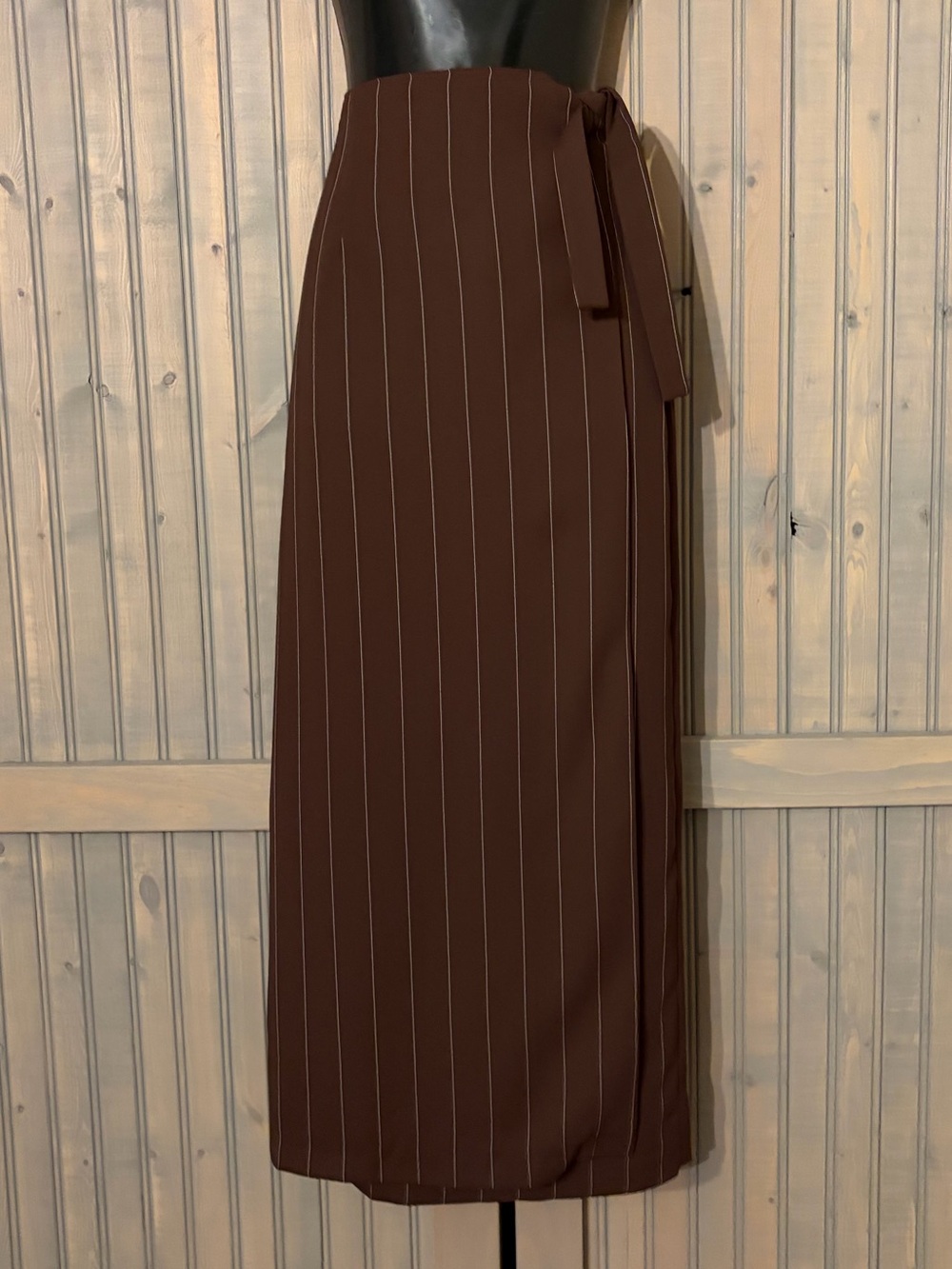 Classic Brown Pinstripe Wrap Maxi Skirt